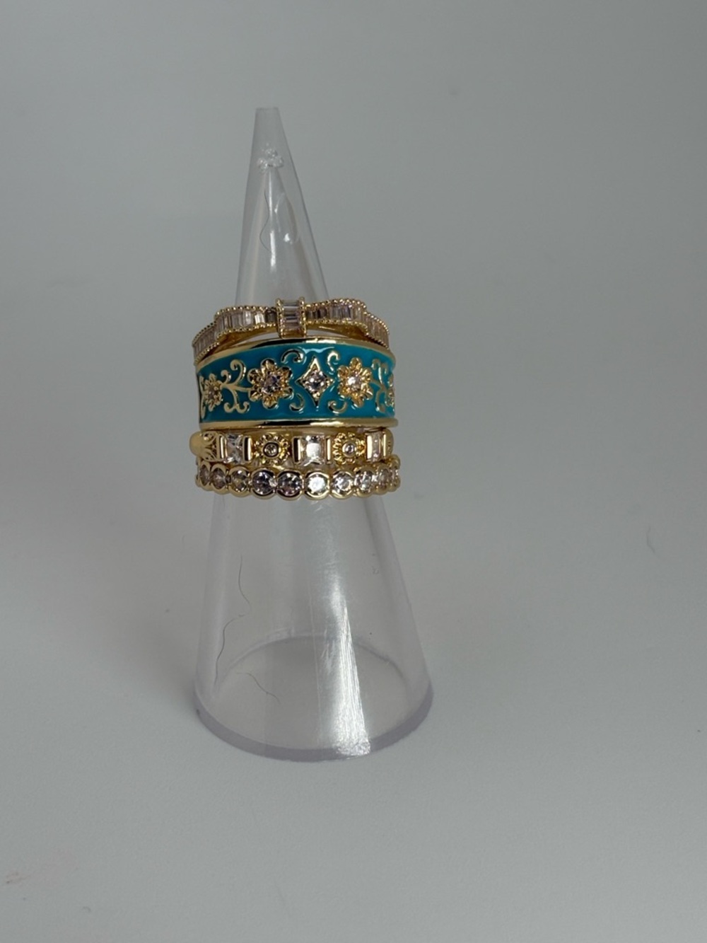 Boho Turquoise & Gold Stacked Ring Set • Rhinestone + Enamel • 4 Pieces